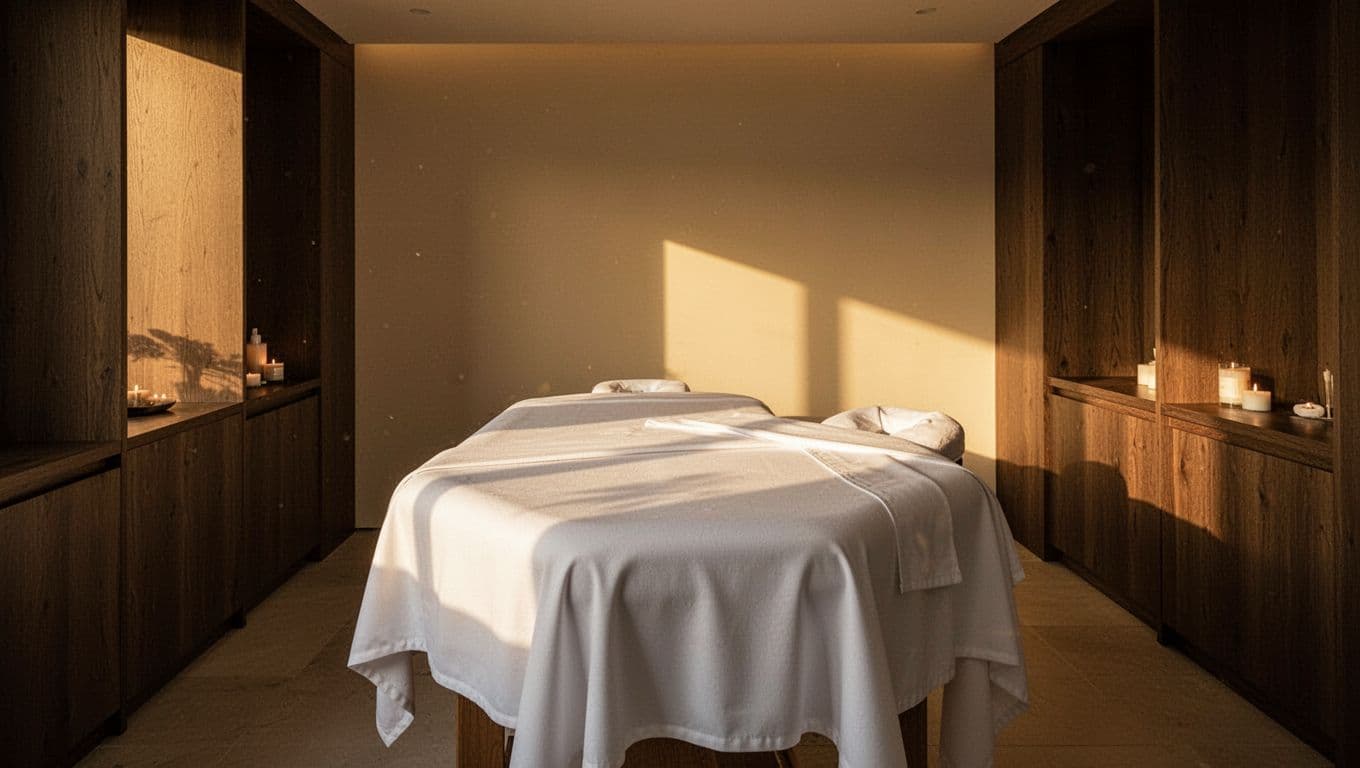 A pristine white massage table sits centered in a warm, golden-lit room. Soft linens drape the surface, while dark wood paneling provides a grounded, tranquil backdrop for this professional therapy space.