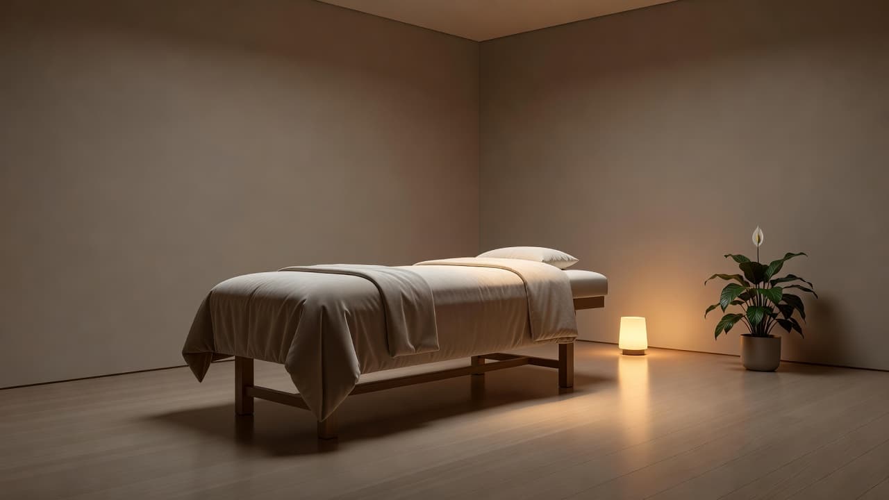 A high-quality massage table featuring plush neutral linens sits in the center of a dim room. Warm amber lights glow softly against the walls, complemented by a green potted plant.