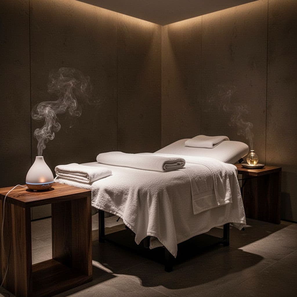A plush massage table with crisp white linens sits in the center of a minimalist room. A wooden side table nearby features a glowing oil diffuser emitting a delicate, relaxing mist.