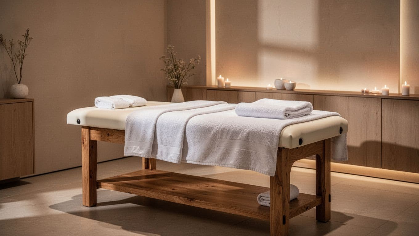 A pristine wooden massage table rests in a quiet room with soft ambient light. Folded white towels sit neatly on the surface against a backdrop of simple, elegant spa decorations.