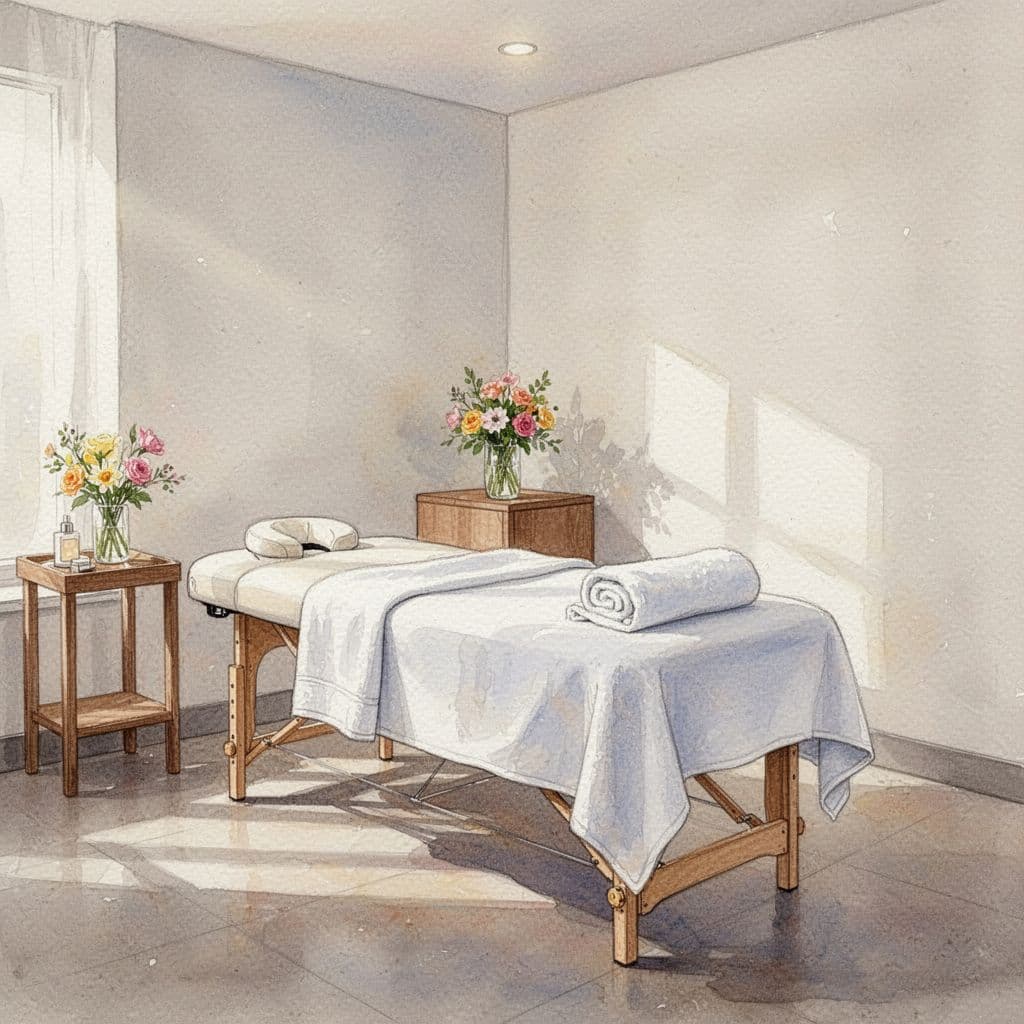 A peaceful massage room features a single table, warm lighting, and a small flower vase.