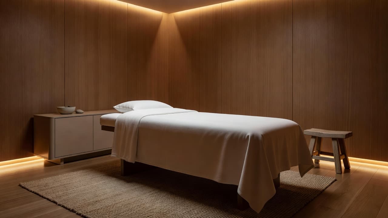 A neatly prepared massage table with crisp white linens sits centered in a minimalist room. Wooden wall accents and warm ambient lighting create a tranquil, professional atmosphere for relaxation services.