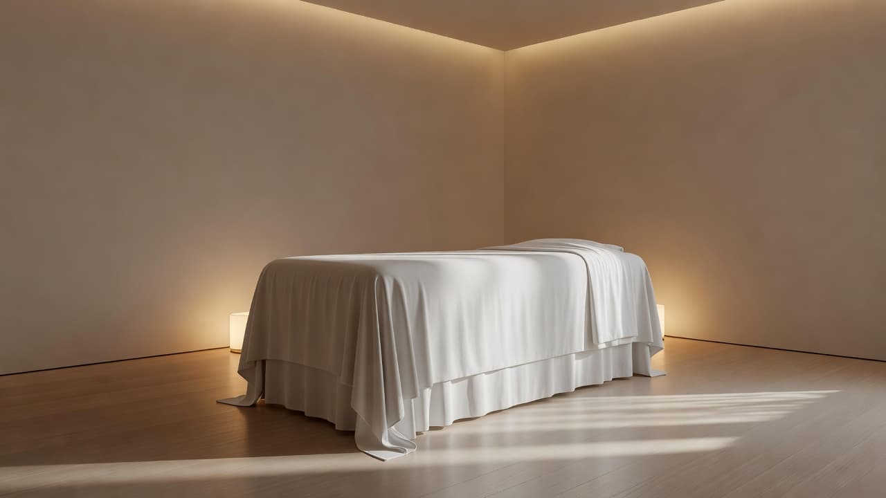 A plush massage table draped in crisp white linen sits centered in a dimly lit room. Soft amber light glows against the textured walls, creating long shadows and a tranquil environment.