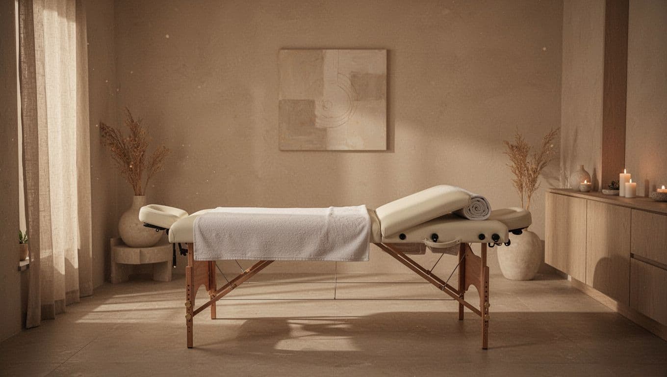 A pristine massage table draped in soft white linens sits centered in a minimalist room with warm ambient lighting. Neutral stone walls and textured decor create a calm, safe atmosphere.