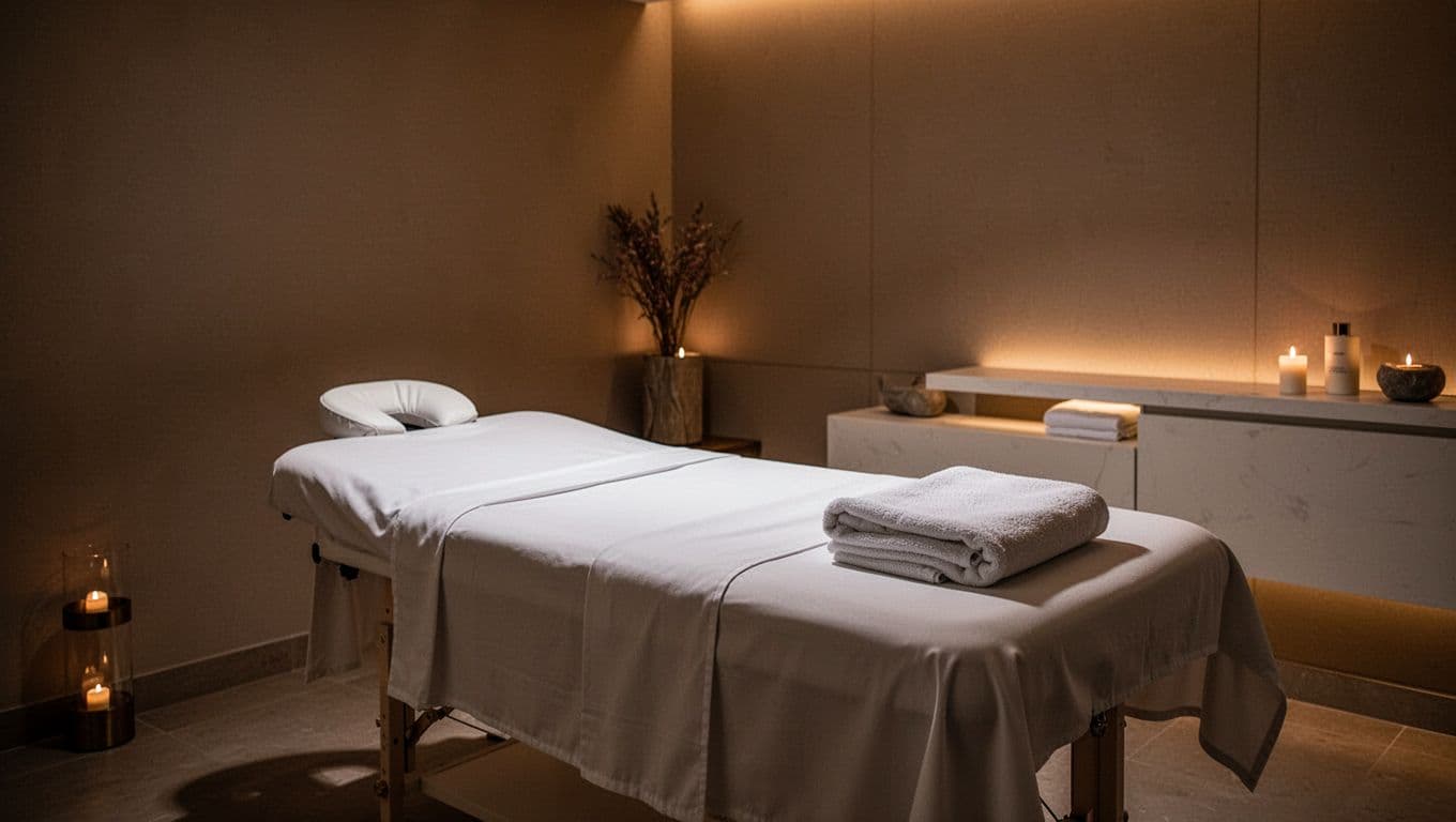 A plush massage table with crisp white linens sits center in a dimly lit, minimalist treatment room. Warm ambient lights cast soft shadows across the smooth walls, creating an inviting atmosphere.