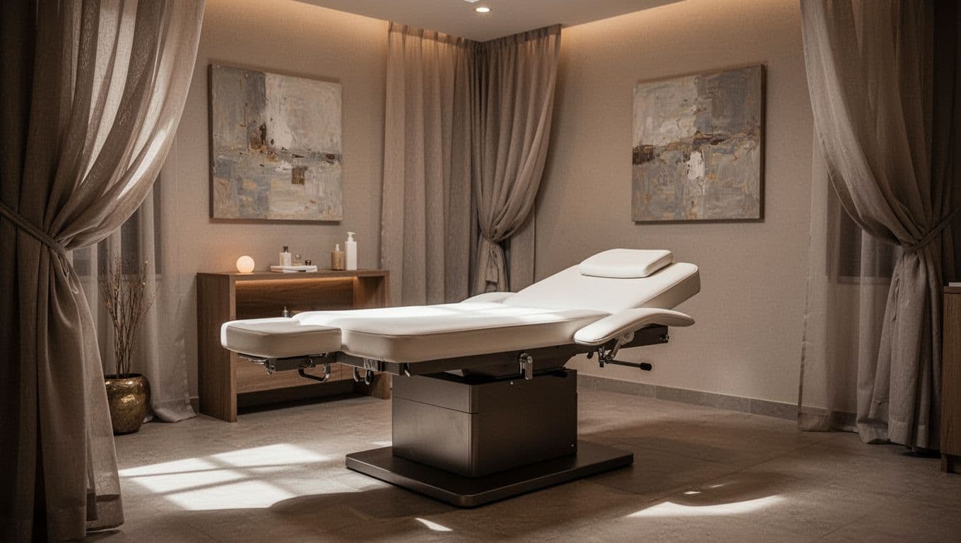 A pristine massage table sits centered in a dimly lit room featuring warm wall sconces. Soft towels are neatly folded atop the table, surrounded by minimalist stone decor and gentle shadows.
