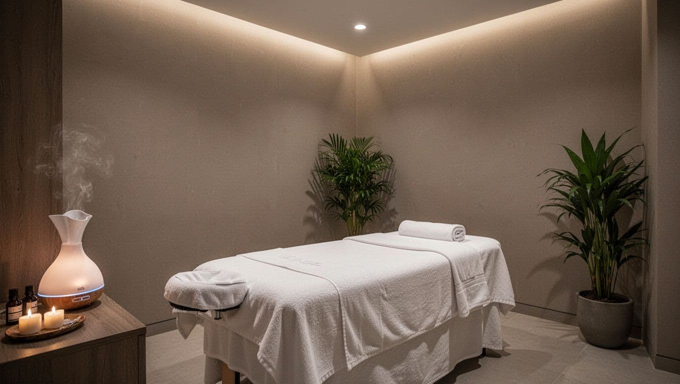 Massage SPA in Kilimani: A Practical Guide to Relaxation 3 Serene spa treatment room interior in a modern spa featuring dim soft lighting, clean white linens on a massage table, essential oil diffuser, potted plants, and calm neutral colors for a private peaceful atmosphere. Realistic photo with no people, text, or logos.
