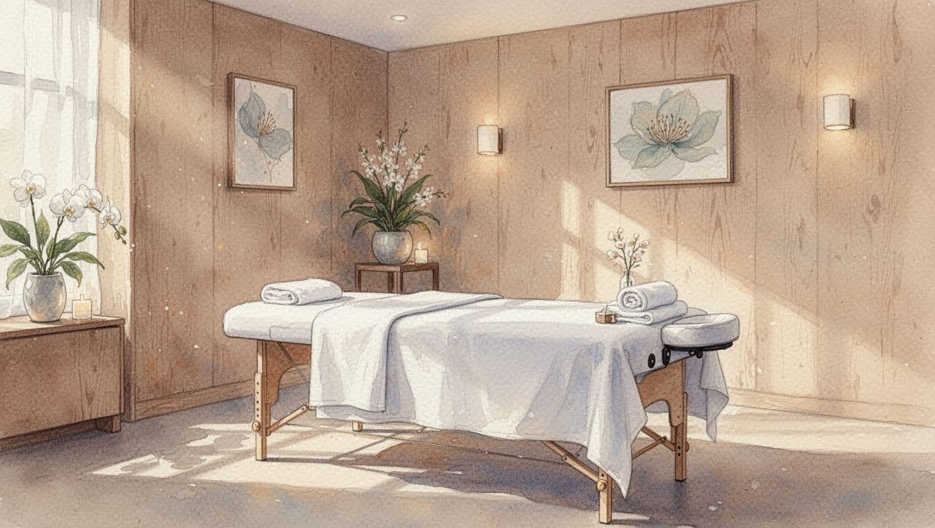 A neatly prepared massage bed sits in the center of a softly lit room rendered in watercolor. Gentle brush strokes and warm golden hues create a tranquil atmosphere for relaxation.
