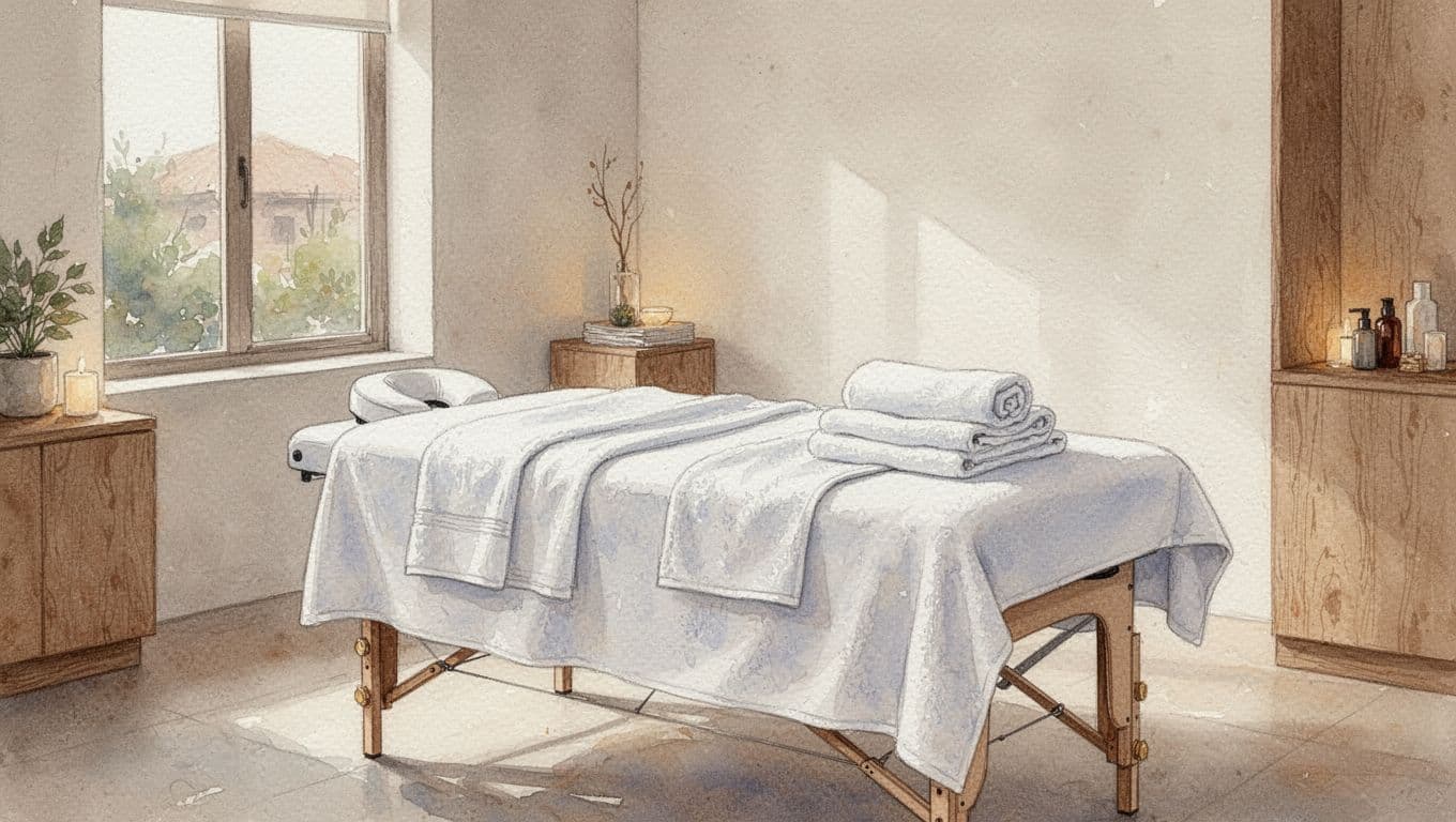 A watercolor-style therapy room features a plush massage table layered with soft white towels. Warm ambient lighting glows softly across the textured walls to create a tranquil, professional healing environment.