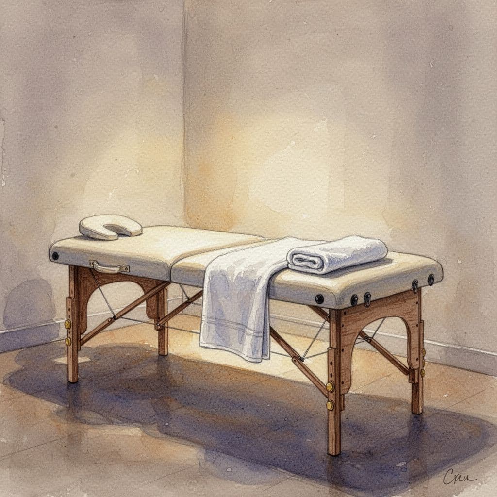 A plush massage table sits centered in a quiet room, adorned with a neatly folded white towel. Soft, warm ambient lighting creates a peaceful atmosphere captured in a gentle watercolor style.