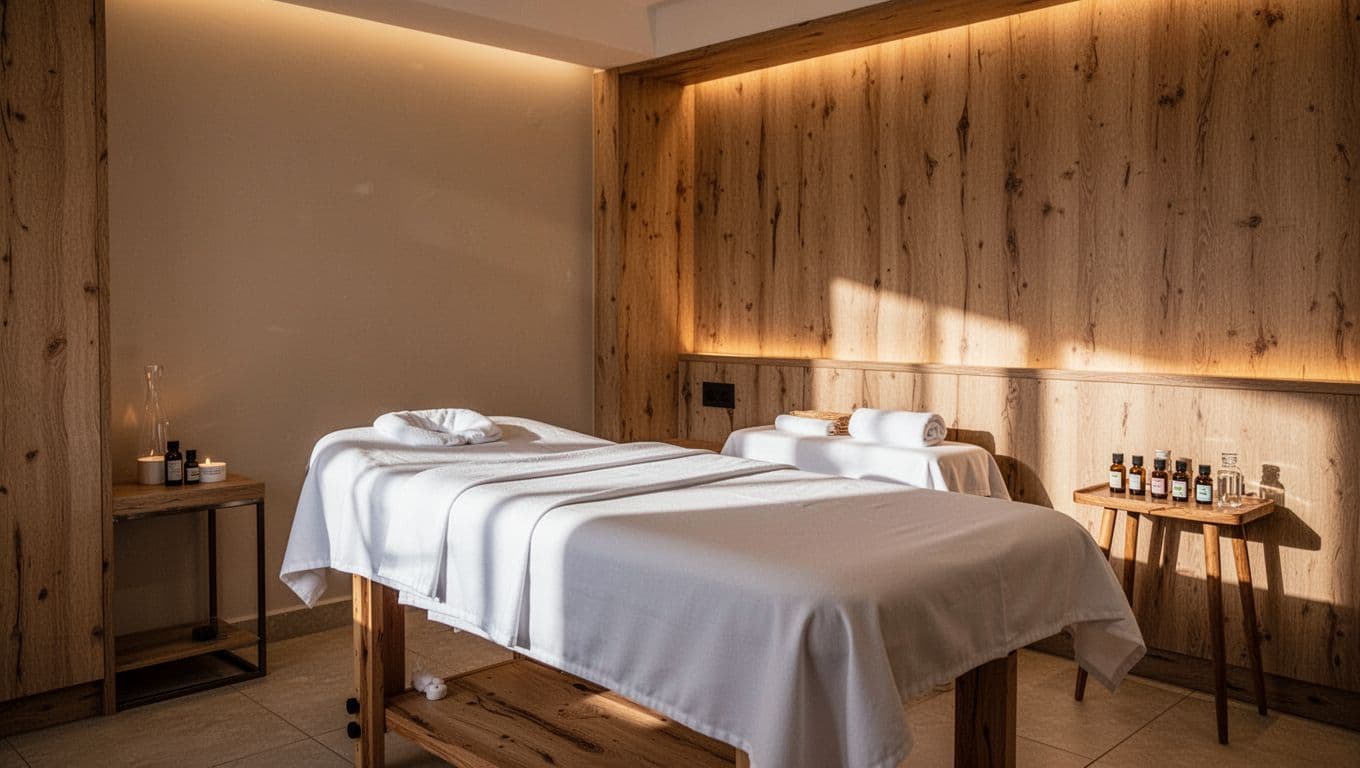 A high-quality massage table sits in the center with pressed white linens. Natural wood accents adorn the minimalist room, while nearby essential oil vials rest on a sleek side table.