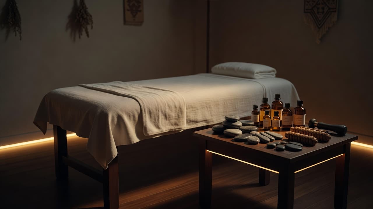 A plush massage table sits centered in a dimly lit room, accompanied by a small side table holding smooth volcanic hot stones and amber essential oil bottles ready for a session.