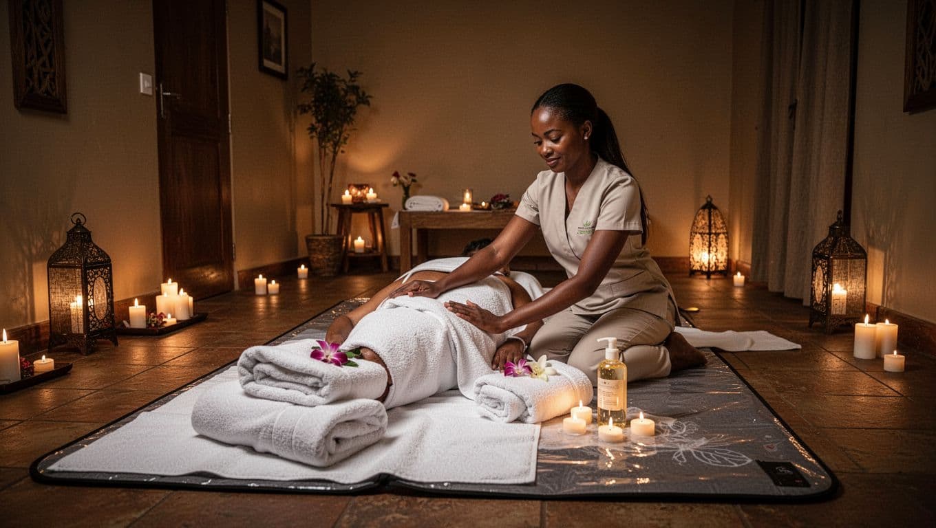 Private cozy Nairobi spa room set up for Nuru massage with warm candlelit ambiance, large waterproof mat covered in fresh white towels, and one female therapist arranging towels and gel bottle.