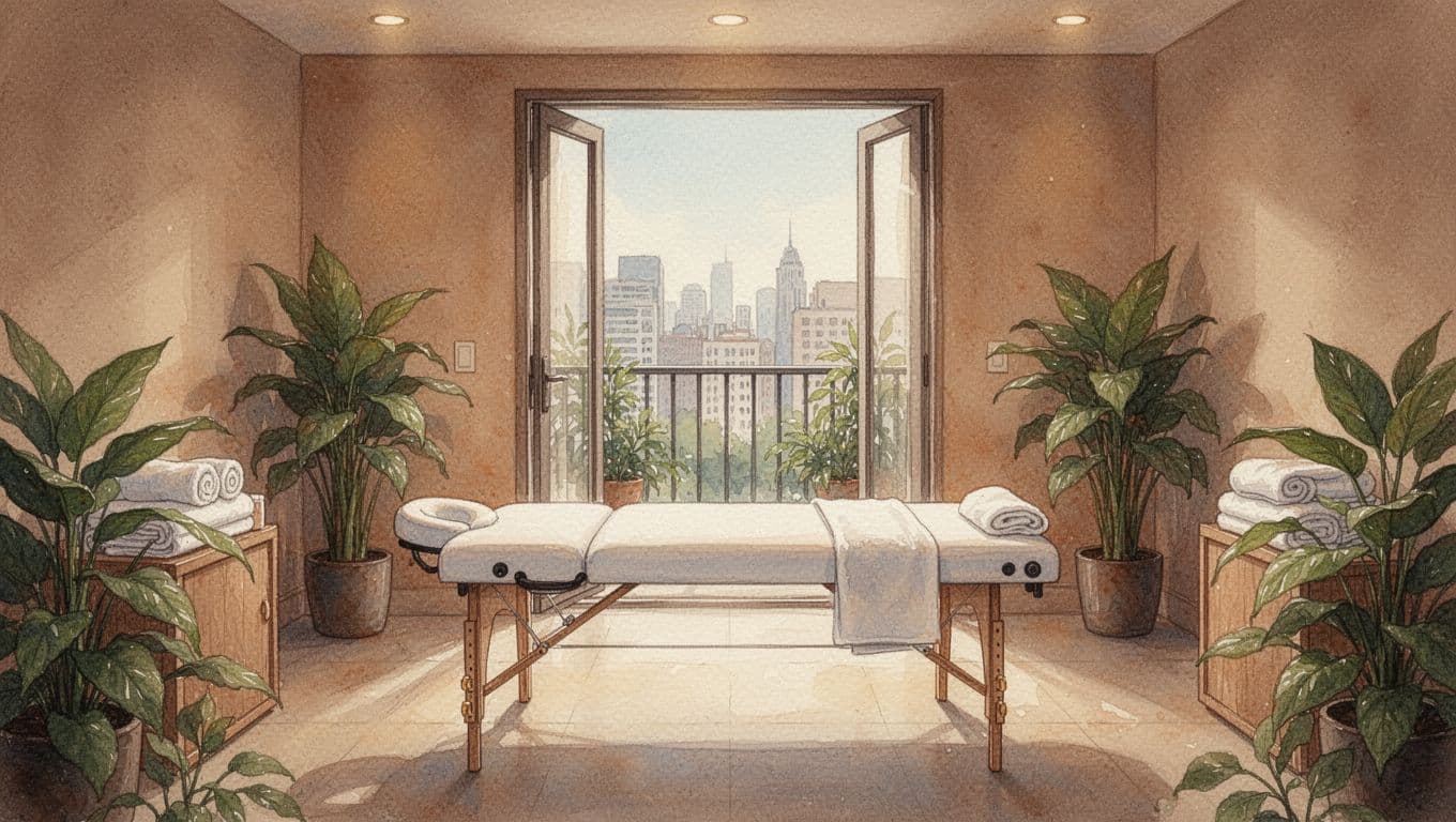 Watercolor-style serene interior of a cozy spa room in Kilimani with an empty centered massage table, soft lighting, neatly folded towels, plants in warm earth tones, and a balcony door showing a Nairobi view.