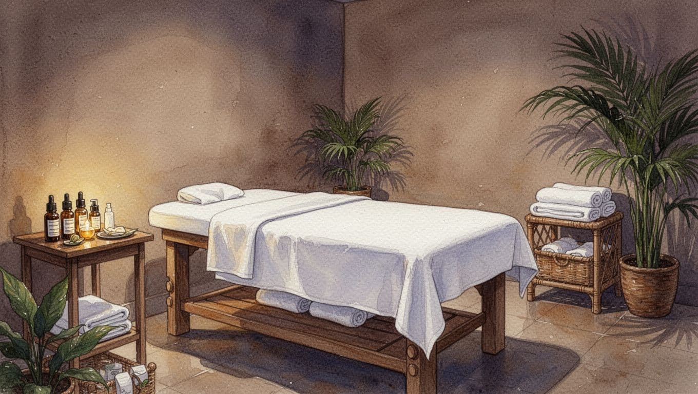 Cozy empty massage room interior at Nairobi Spa & Massage in Kilimani, featuring wooden table with white sheets, essential oils, towels, dim warm lighting, tropical plants, in watercolor style with soft blending.