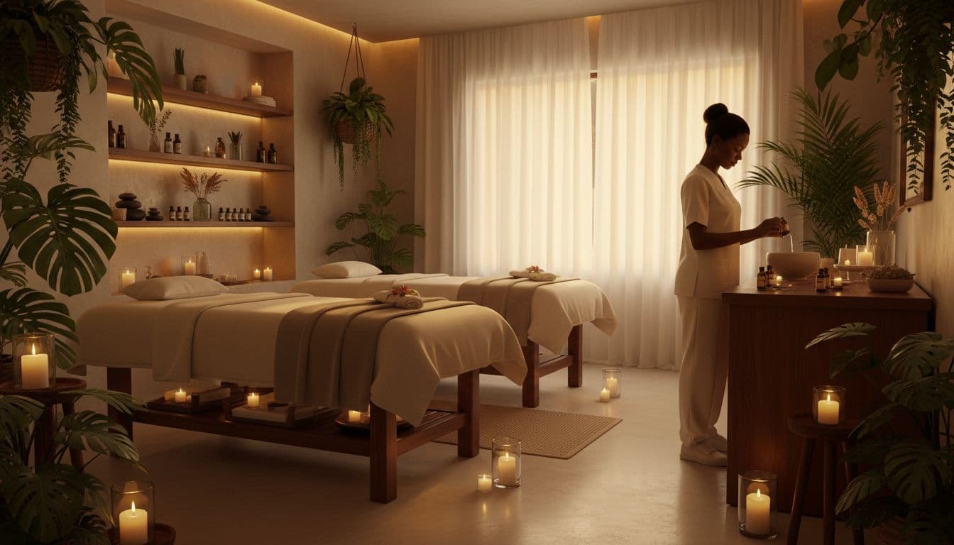 Serene spa interior in Nairobi with two massage tables, soft lighting, candles, essential oils on shelves, tropical plants, and one therapist preparing oils in a calm atmosphere.