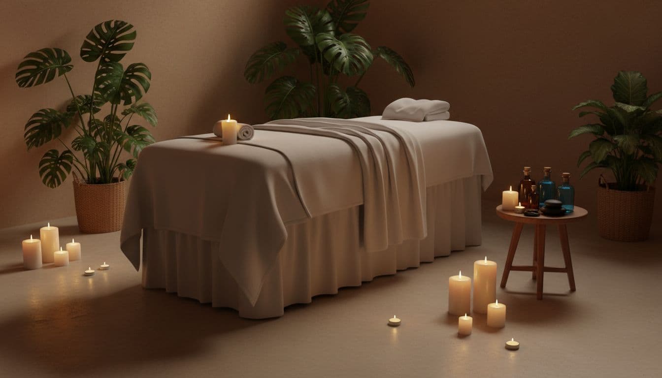 Serene Nairobi spa treatment room featuring a prepared massage table with fresh white linens and draping sheet, dim candle lighting, essential oils on a wooden side table, tropical plants, and a peaceful clean atmosphere without people.