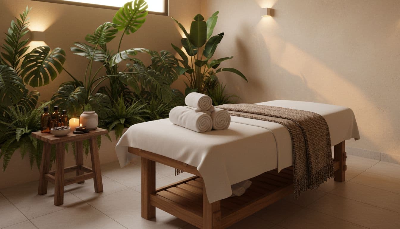 A serene spa room in Nairobi with a massage table prepared for a session, soft lighting, neatly folded towels, essential oils on a side table, and tropical plants in the background.