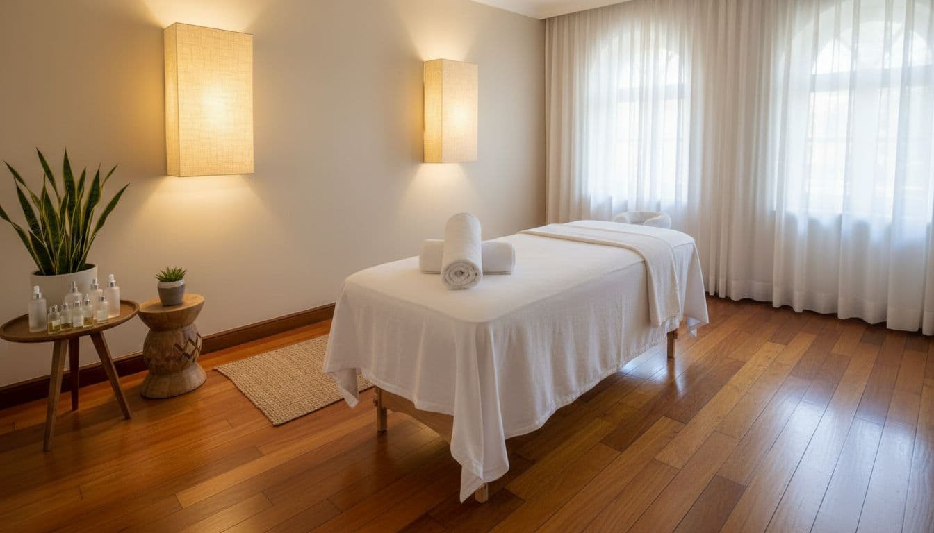 Nairobi Massage Guide: Styles, Prices, Safety, and Aftercare (2026) 3 Clean and serene spa treatment room in a Nairobi spa with a professional massage table dressed in white linens and folded towels, side table holding essential oil bottles and plants, soft diffused lighting, wooden floors, and subtle African decor; empty room ready for session, realistic photography style.