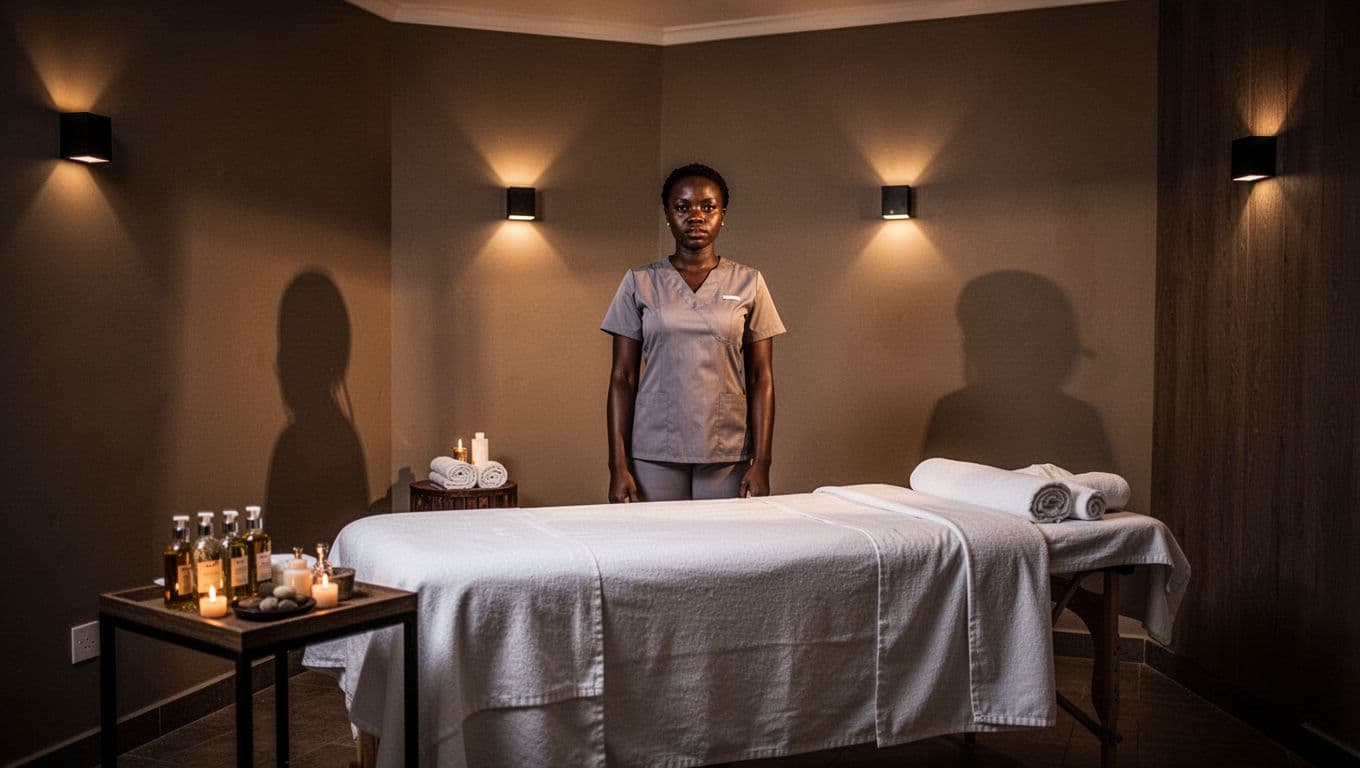 Serene professional massage treatment room in a modern Nairobi spa, with a massage table draped in fresh white sheets, oils and towels on a side table, soft ambient lighting, and one female Kenyan therapist standing relaxed.