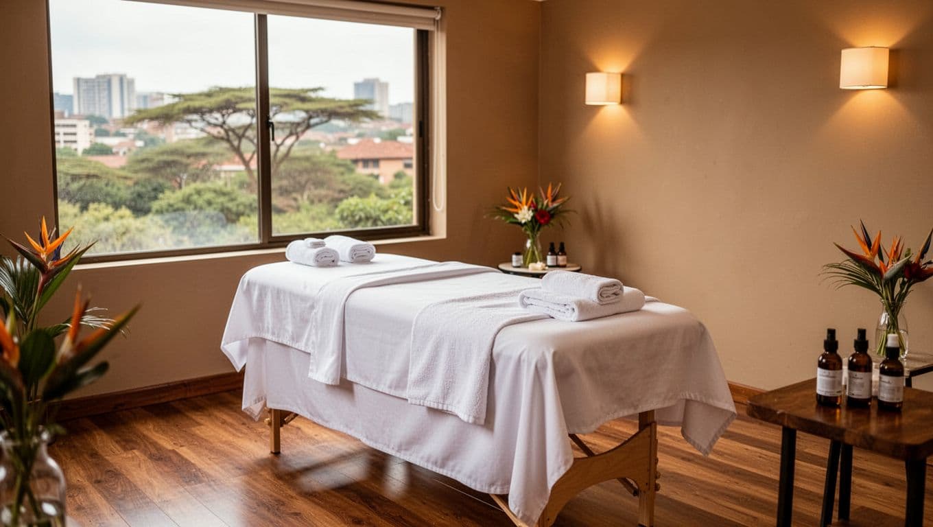 Serene massage treatment room in Nairobi Spa & Massage, Kilimani, with a professional empty massage table draped in white linens, earth-tone walls inspired by Kenyan savannas, soft ambient lighting, and a window view of blurred urban greenery and acacia trees.