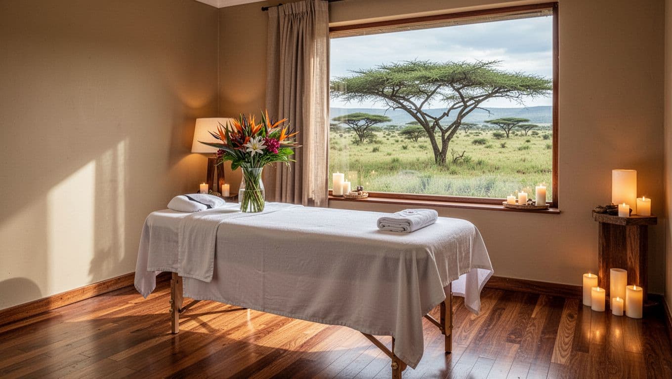 Peaceful massage treatment room in a Nairobi spa with soft warm lighting, polished wooden floors, neutral earth-tone savanna-inspired decor, and a large window revealing lush Kenyan landscape with acacia trees. Empty massage table draped in crisp white linens and towels creates an inviting, serene atmosphere.