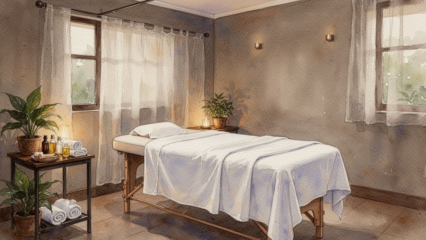 Serene empty massage treatment room in a Nairobi spa featuring a padded table with fresh white sheet for privacy, small table with oil bottles, towels, plants, soft ambient lighting, neutral calming walls, and dim natural window light in watercolor style with warm earthy tones.