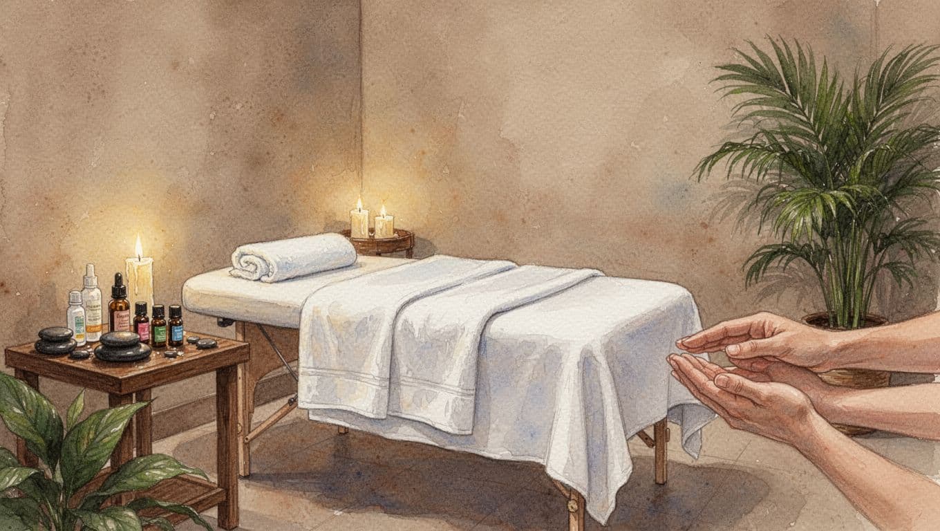 Watercolor painting of a serene private spa room in Nairobi with a massage table draped in white towel, essential oils, hot stones on wooden side table, soft candlelight, tropical plants, and calm inviting atmosphere.