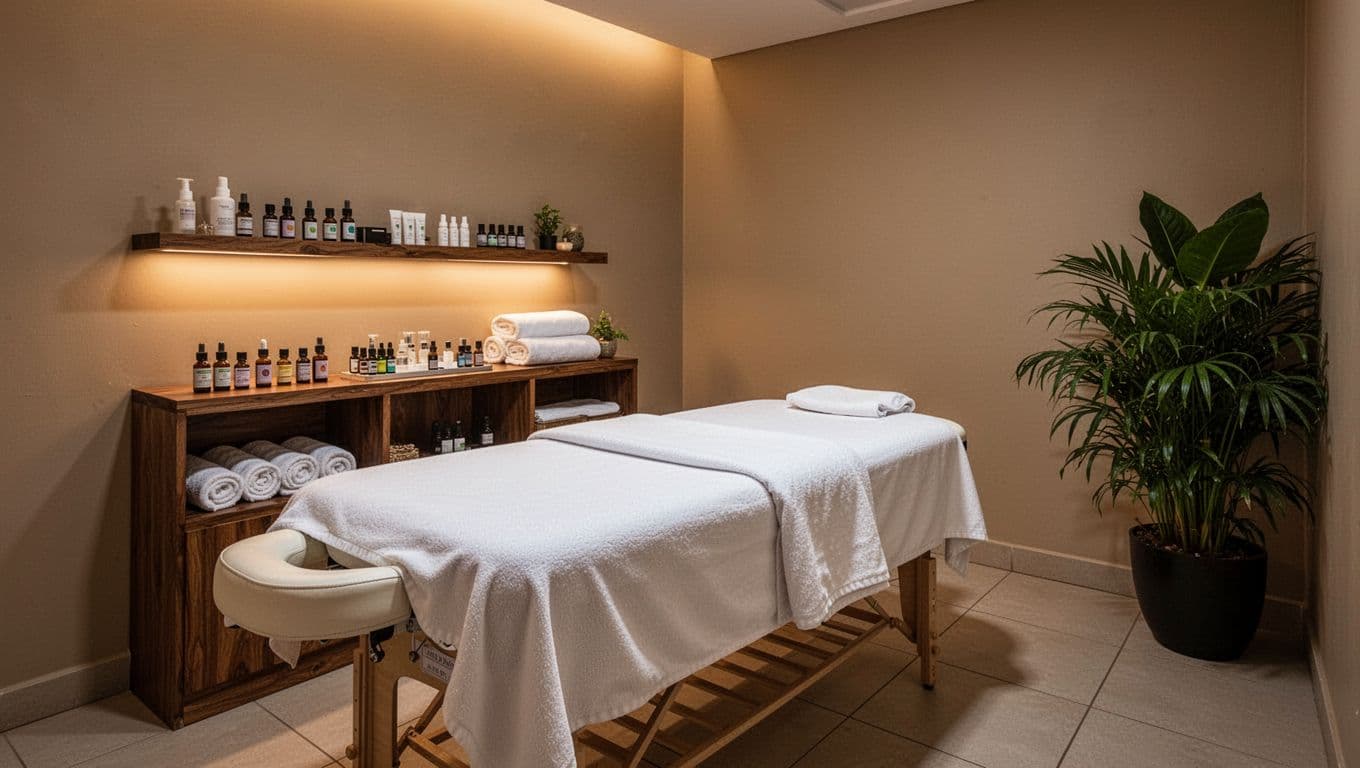 Massage 17 A serene professional massage treatment room in a Nairobi spa with a padded table covered in fresh white sheets and blanket, dim warm lighting, essential oil bottles and towels on a wooden shelf, lush green plants, and clean floors, empty and ready for clients.