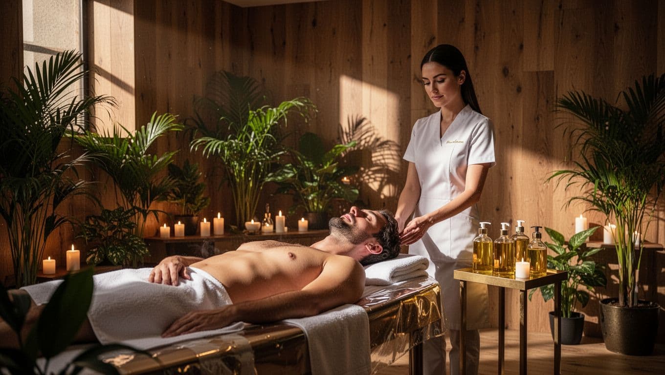 In a cinematic, luxurious Nairobi spa room with dramatic lighting and strong contrast, a relaxed draped male client lies face up on a massage table post-session, shoulders loose and expression peaceful, while a skilled female therapist stands nearby with warm oils amid plants and candlelight.