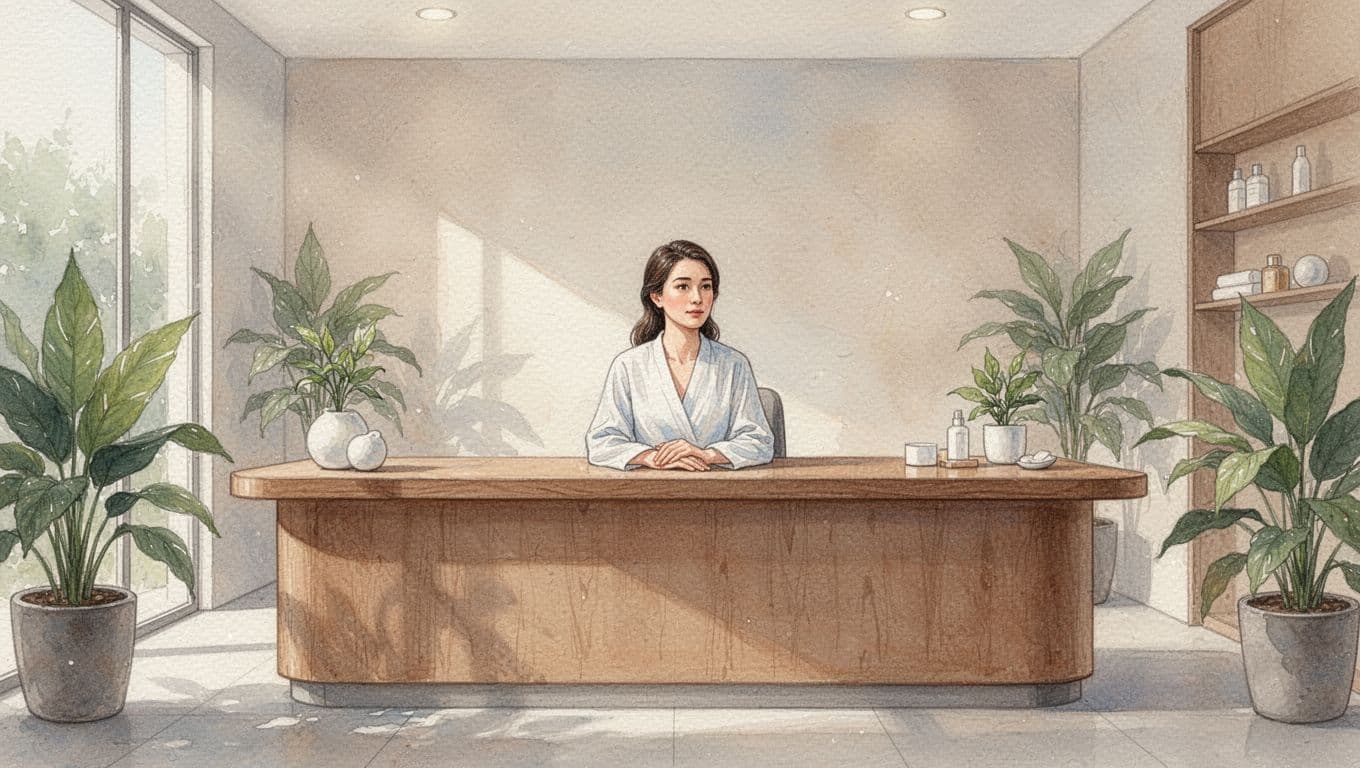 A person sits comfortably at a minimalist wooden reception desk within a bright, tranquil spa. Soft watercolor brushstrokes define the peaceful scene, highlighted by gentle earth tones and airy natural light.