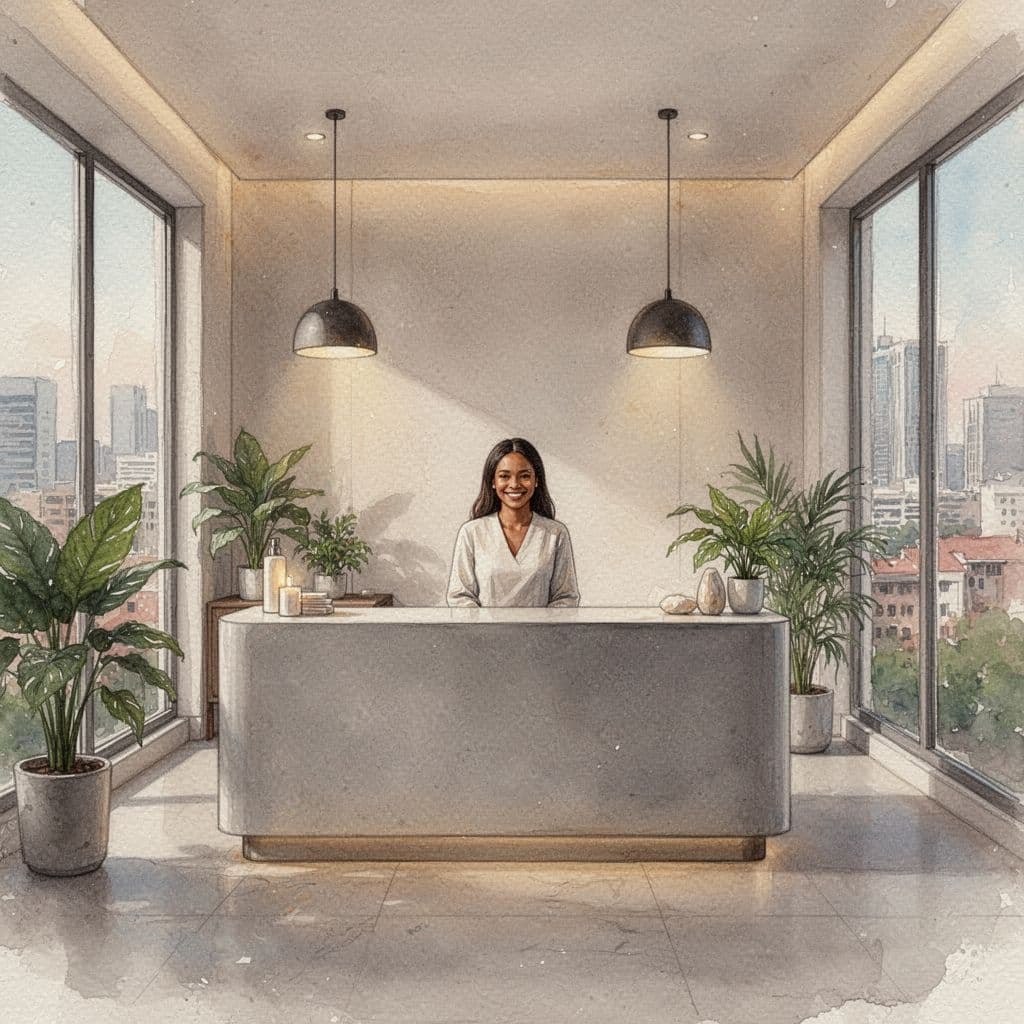 A peaceful watercolor reception area featuring warm lighting and indoor plants in a city setting.