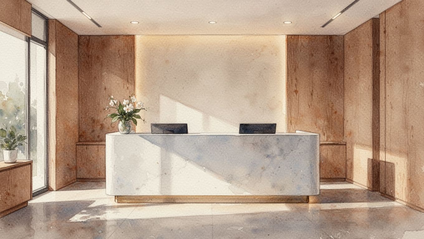 A sleek wooden reception counter sits in a quiet, warmly lit spa lobby featuring soft watercolor textures. Elegant minimalist decor accents the peaceful space to convey a professional and inviting atmosphere.