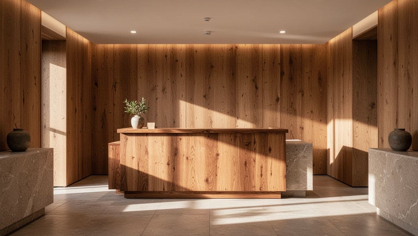 A sleek wooden desk sits in the center of a quiet, minimalist lobby. Warm amber lights glow against natural stone walls and textured wood paneling, creating a calm and inviting atmosphere.