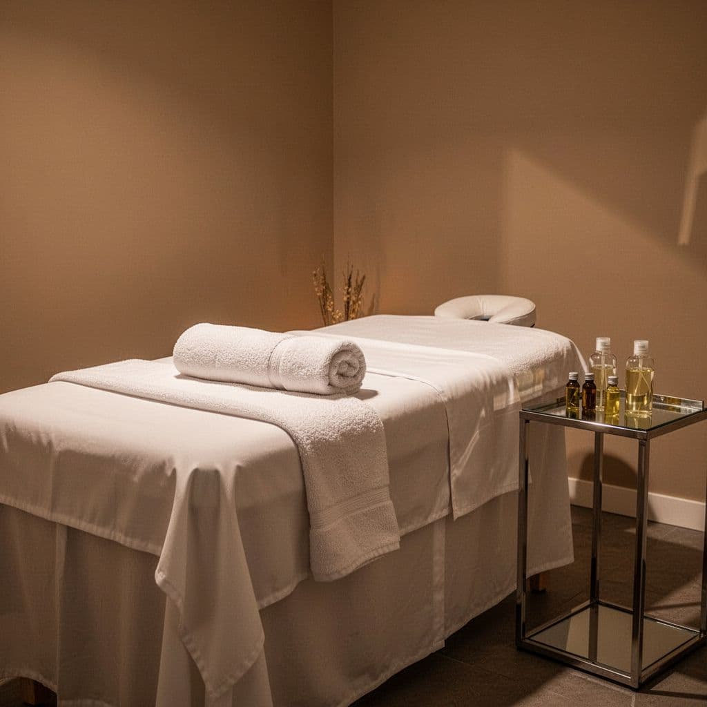 A clean massage table with crisp white linens sits inside a quiet room. A nearby side table displays small glass essential oil bottles under soft, warm amber lighting for relaxation.