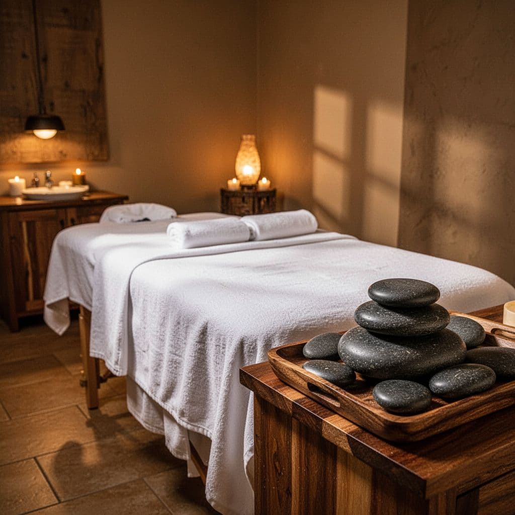 A pristine massage table draped in white linens sits in a dimly lit Nairobi spa room. Dark basalt stones rest on a nearby wooden tray, illuminated by a warm amber glow.