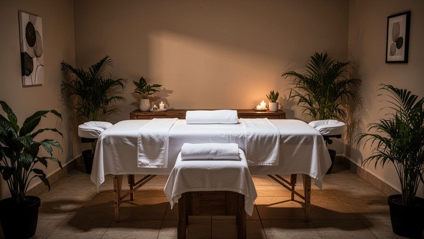 A pristine massage table draped in soft white linens sits centered in a serene room. Warm ambient light illuminates the space, while vibrant green potted plants provide a calming background element.