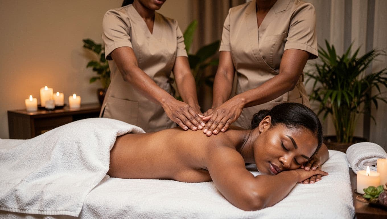 Professional female masseuse providing a relaxing shoulder massage to a client lying face down on a towel-covered table in a serene licensed spa room of a Nairobi hotel, with soft candlelight, plants, and peaceful atmosphere.