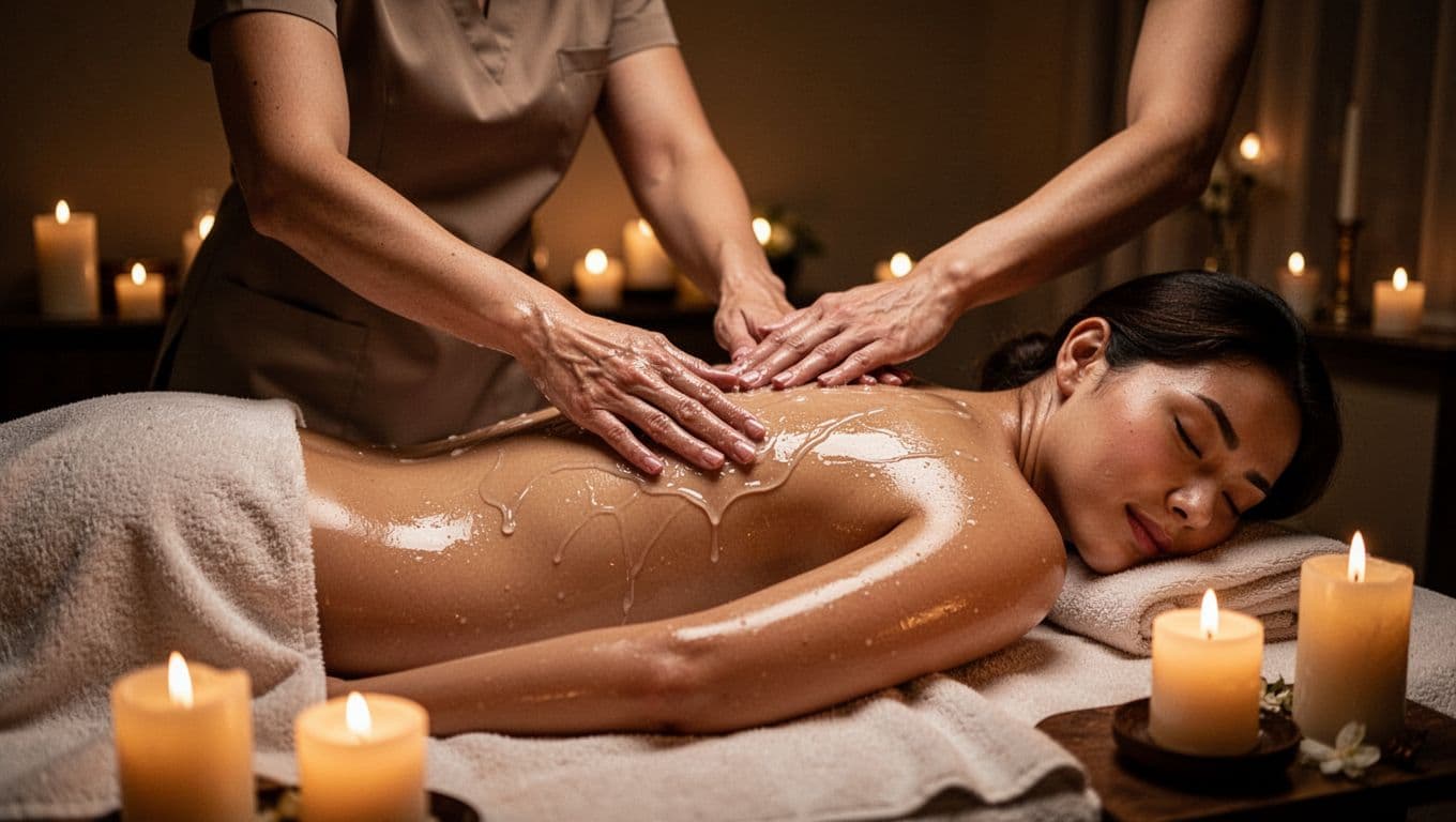 A serene spa room at Nuru VIP Massage & Spa features a therapist's hands gently gliding nuru gel over a draped client's back on a massage table, bathed in soft candlelight and ambient glow for a peaceful, sensual mood.