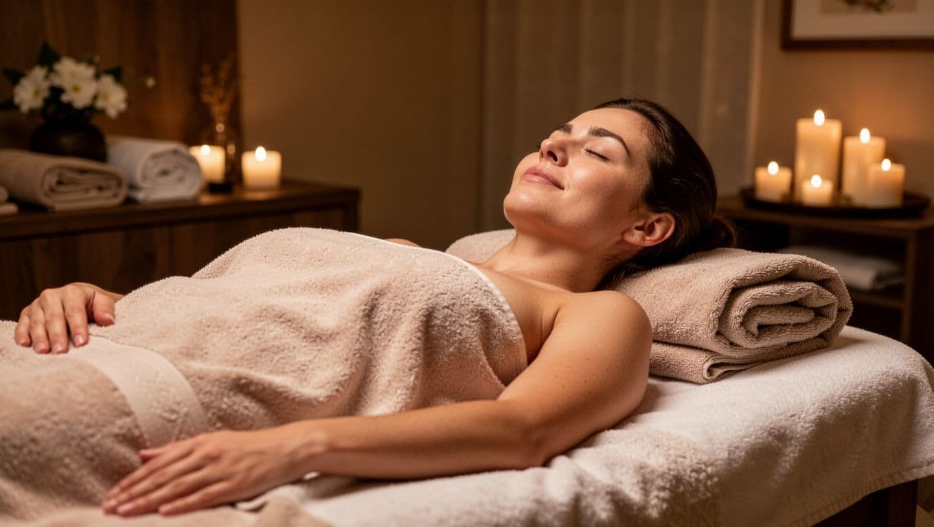 Deep Tissue Massage 6 A relaxed person lies comfortably on a spa bed after a deep tissue massage session, featuring a serene expression with closed eyes and a deep breath, evoking stress relief and improved sleep readiness. The close-up portrait in soft dim lighting of a tranquil spa lounge includes towels and candles, using photorealistic warm tones.