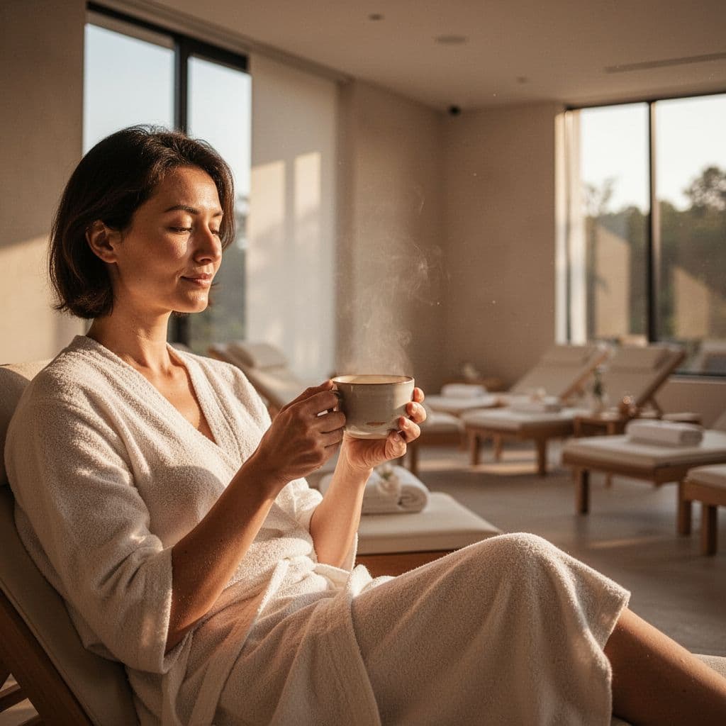 A person sits comfortably in a minimalist spa lounge while cradling a warm ceramic cup. Soft sunlight streams through the space, highlighting the calm atmosphere and the individual's relaxed posture.