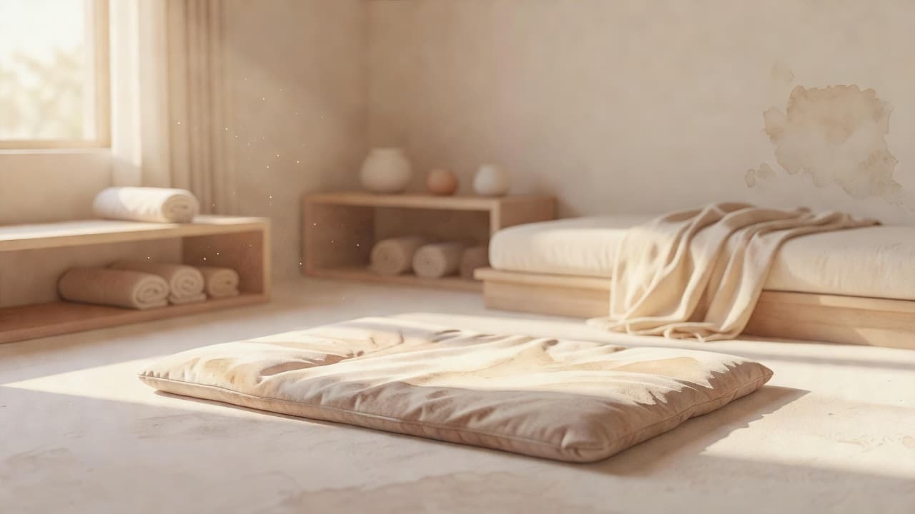 A soft fabric floor mat sits on smooth wooden floorboards within a sunlit room featuring warm beige walls. The watercolor style reveals gentle paint strokes and diffused light across the space.