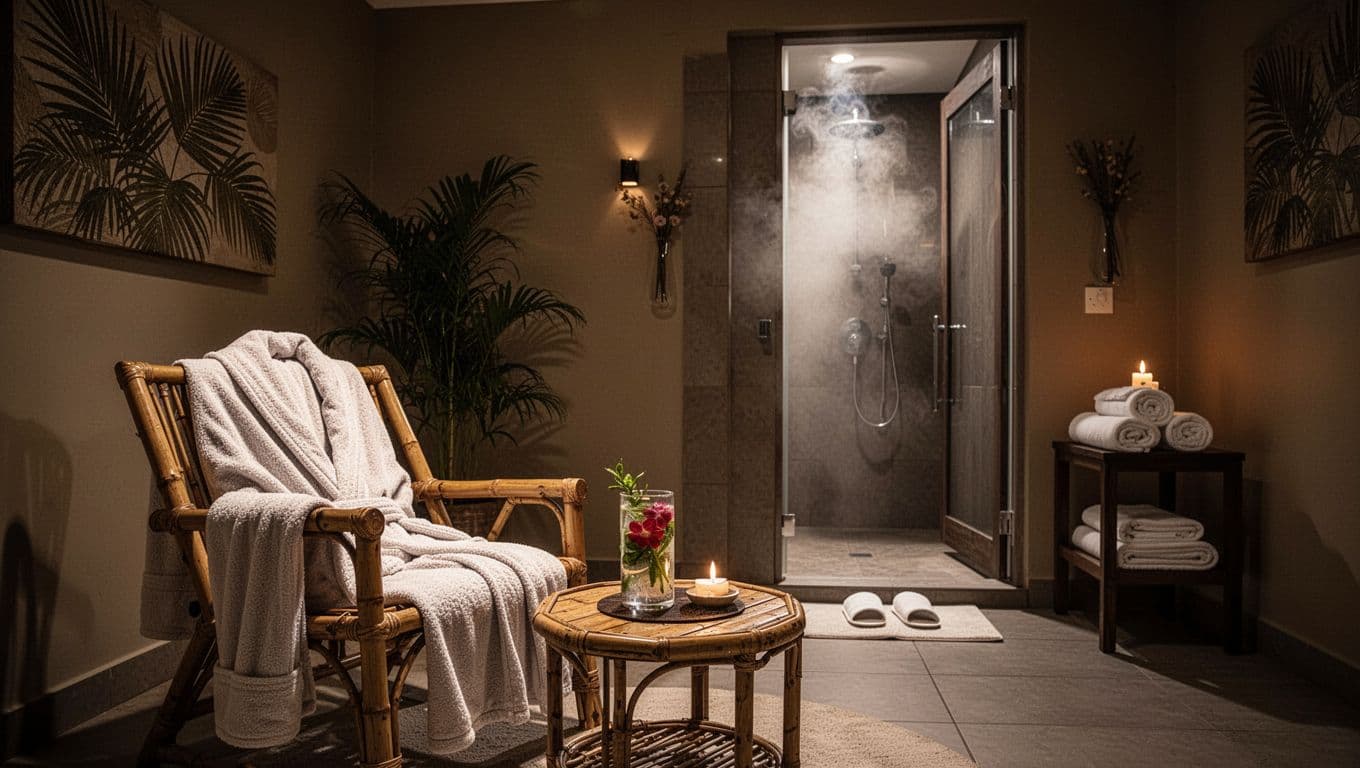 Serene empty post-massage relaxation area in an upscale Nairobi spa, featuring a cozy robe draped over a bamboo chair, glass of infused water on a low table, open door to a private shower with steam, fresh towels and slippers under soft warm lighting and subtle tropical decor.