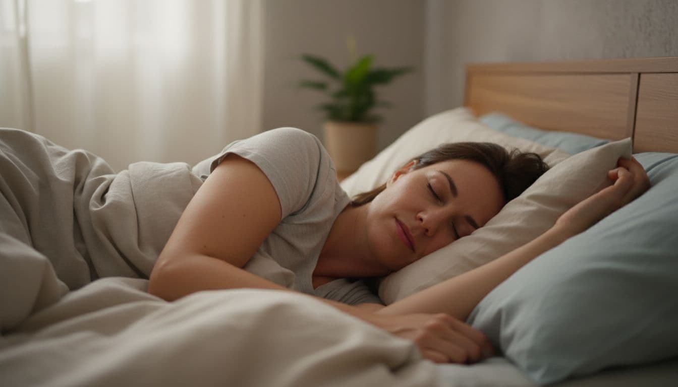 A serene adult resting peacefully after a massage, lying on side in soft bedding with relaxed posture, calm expression, and warm ambient lighting in a bedroom.
