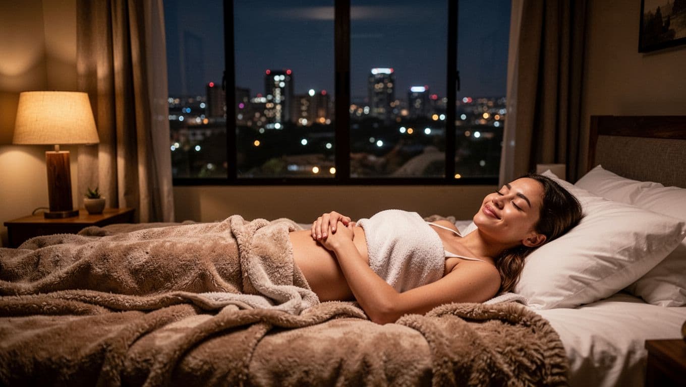 A young adult rests peacefully on a soft bed in a dimly lit room after a massage, eyes closed in deep sleep with a calm smile. Nairobi's night skyline glows through the window, wrapped in cozy blankets under warm lighting.