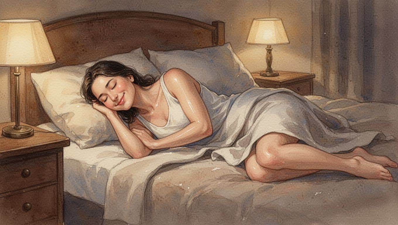 A relaxed adult sleeping peacefully on a soft bed in a cozy bedroom, with a serene expression, subtle smile, and post-massage glow, in watercolor style with soft earth tones and warm dim lighting.