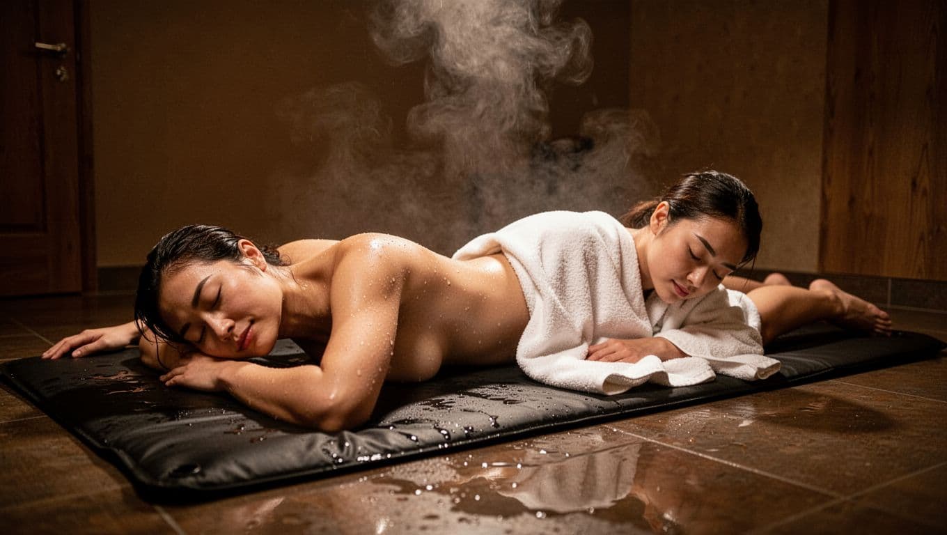 Serene single person lying face down relaxed on a waterproof spa mat after Nuru massage session, soft white towel loosely draped over lower body, eyes closed in calm, warm dim lighting in private spa room with subtle steam.