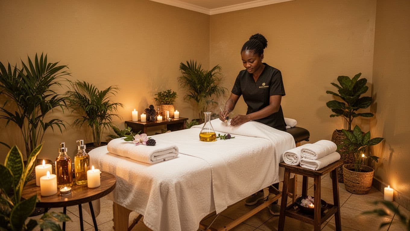 Hot Oil Massage 11 Serene private massage room at Black Berry Spa in Kilimani, Nairobi, with a massage table dressed in fresh linens, warm oil bottles on a side table, soft candle lighting, lush plants, neatly folded clean towels, and one therapist preparing in a relaxing atmosphere with warm golden tones.
