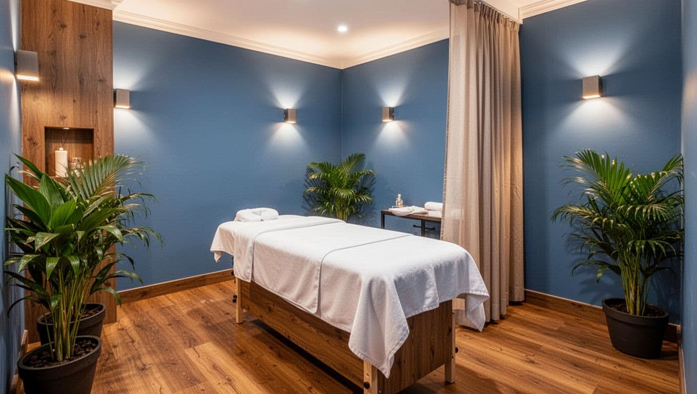 A serene private massage treatment room in a modern Nairobi spa features a single massage table with crisp white linens, soft ambient lighting, privacy curtain, lush green plants, warm wooden floors, and calming blue walls, creating an inviting and tranquil atmosphere with no people present.
