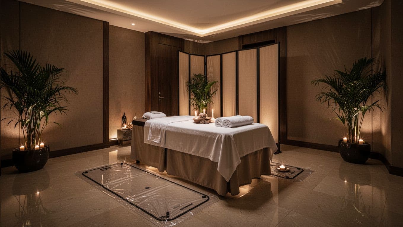 Empty serene private upscale spa room in Nairobi for personal memorable NuruVip massage, featuring warm ambient lighting on fresh linens waterproof mat, subtle privacy screen, plant accents, and polished floors in cinematic style.